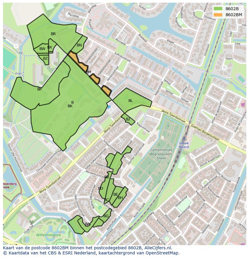 Afbeelding van het postcodegebied 8602 BM op de kaart.