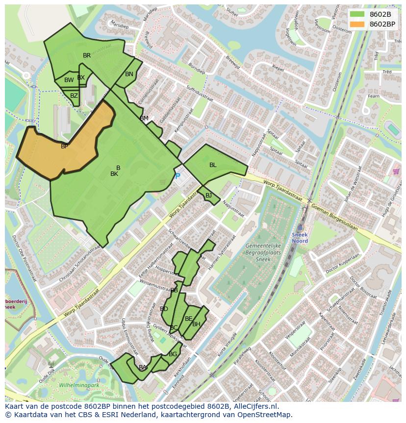 Afbeelding van het postcodegebied 8602 BP op de kaart.