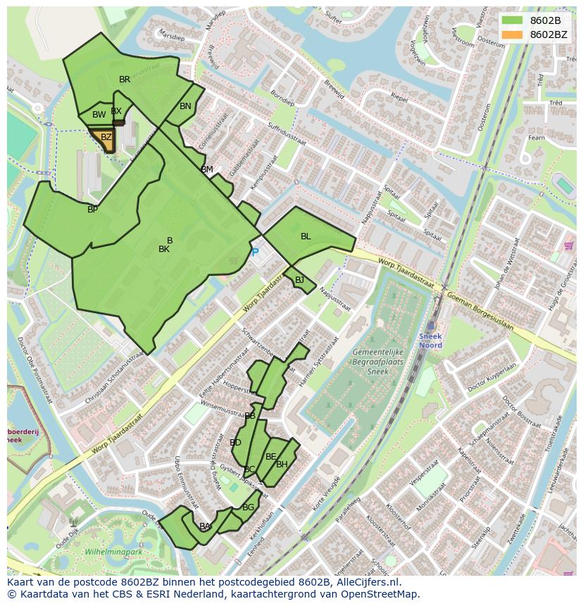 Afbeelding van het postcodegebied 8602 BZ op de kaart.