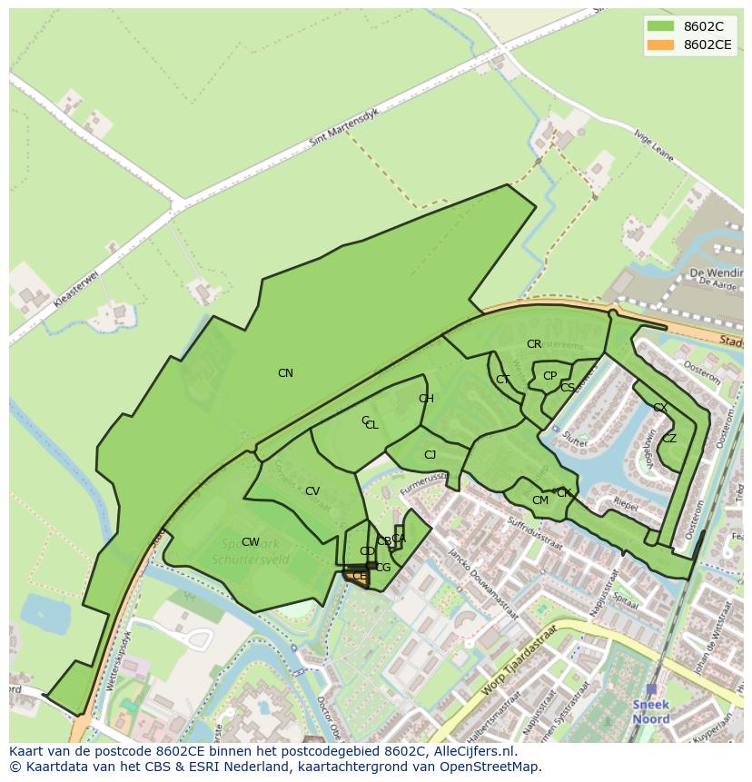 Afbeelding van het postcodegebied 8602 CE op de kaart.