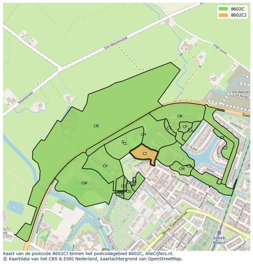 Afbeelding van het postcodegebied 8602 CJ op de kaart.