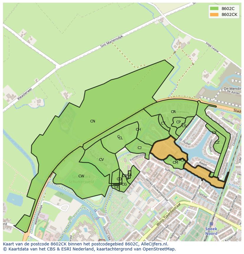 Afbeelding van het postcodegebied 8602 CK op de kaart.