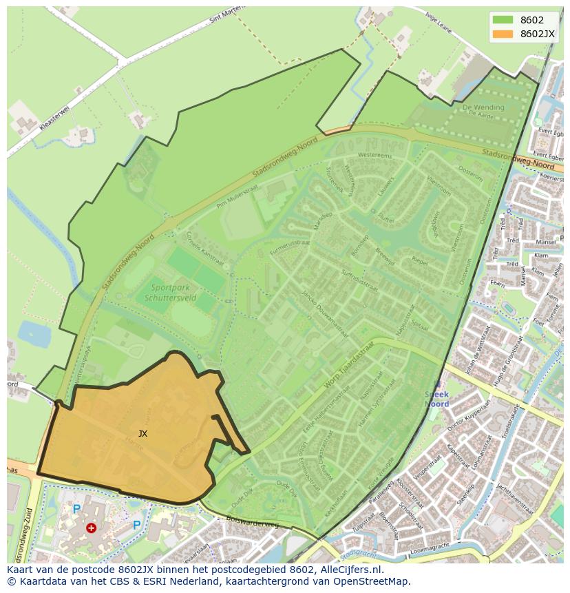 Afbeelding van het postcodegebied 8602 JX op de kaart.