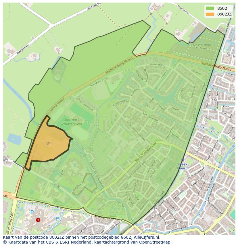Afbeelding van het postcodegebied 8602 JZ op de kaart.