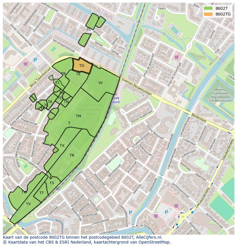 Afbeelding van het postcodegebied 8602 TG op de kaart.
