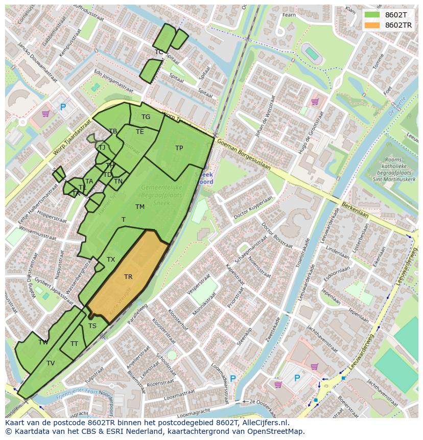 Afbeelding van het postcodegebied 8602 TR op de kaart.