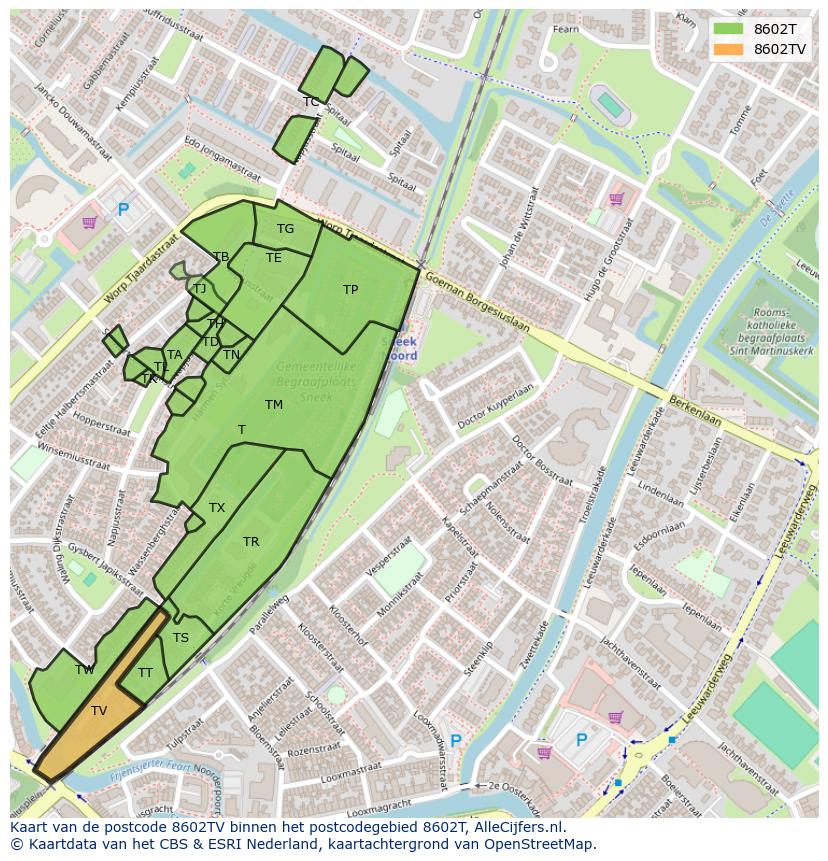 Afbeelding van het postcodegebied 8602 TV op de kaart.