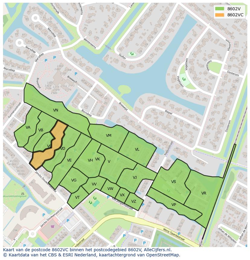 Afbeelding van het postcodegebied 8602 VC op de kaart.
