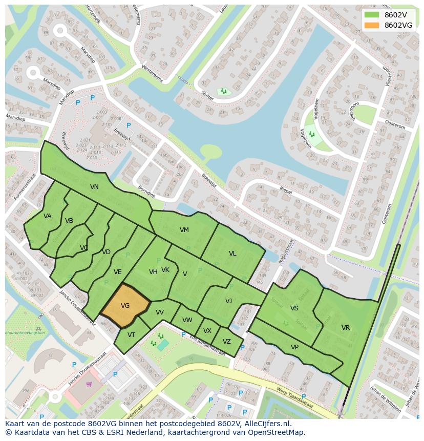 Afbeelding van het postcodegebied 8602 VG op de kaart.