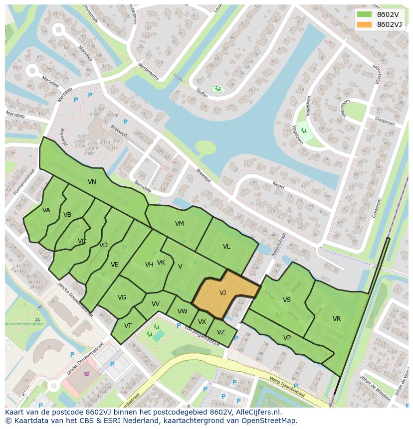 Afbeelding van het postcodegebied 8602 VJ op de kaart.