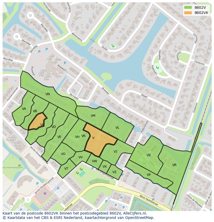 Afbeelding van het postcodegebied 8602 VK op de kaart.