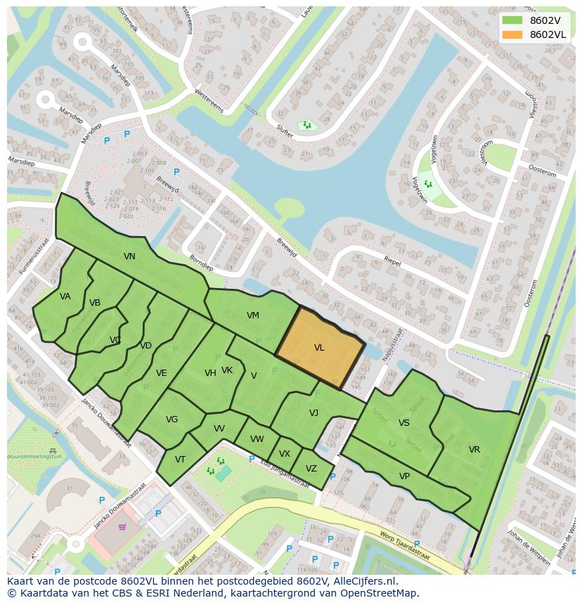 Afbeelding van het postcodegebied 8602 VL op de kaart.