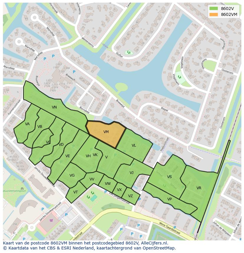 Afbeelding van het postcodegebied 8602 VM op de kaart.