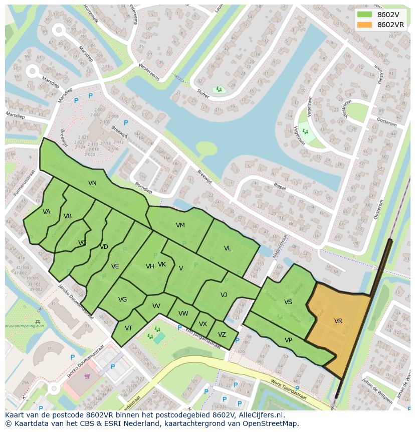 Afbeelding van het postcodegebied 8602 VR op de kaart.