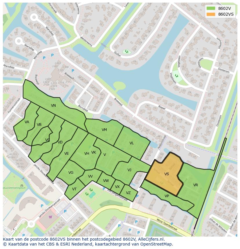 Afbeelding van het postcodegebied 8602 VS op de kaart.