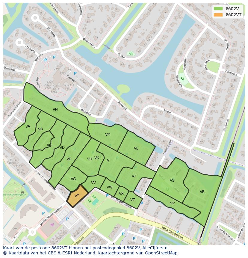Afbeelding van het postcodegebied 8602 VT op de kaart.