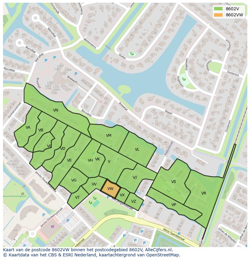 Afbeelding van het postcodegebied 8602 VW op de kaart.