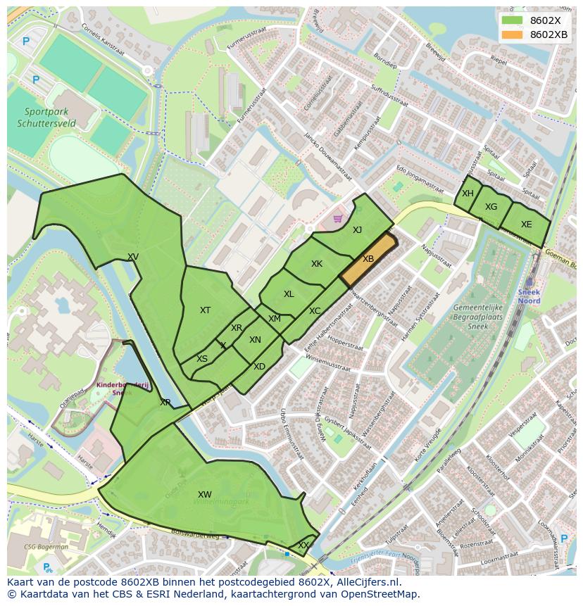 Afbeelding van het postcodegebied 8602 XB op de kaart.