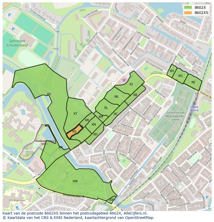 Afbeelding van het postcodegebied 8602 XS op de kaart.