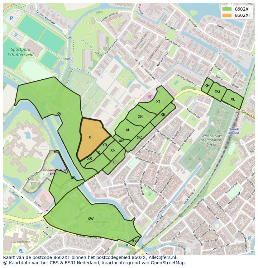 Afbeelding van het postcodegebied 8602 XT op de kaart.