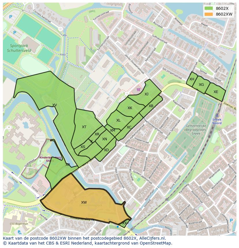 Afbeelding van het postcodegebied 8602 XW op de kaart.