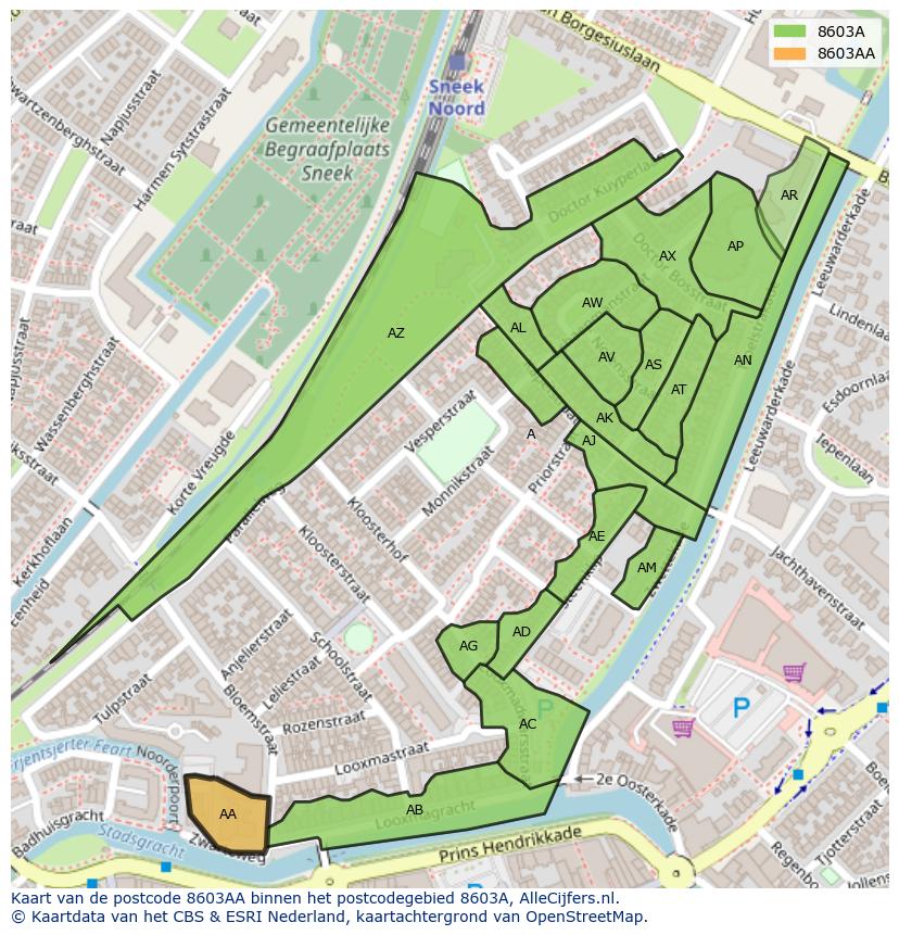 Afbeelding van het postcodegebied 8603 AA op de kaart.