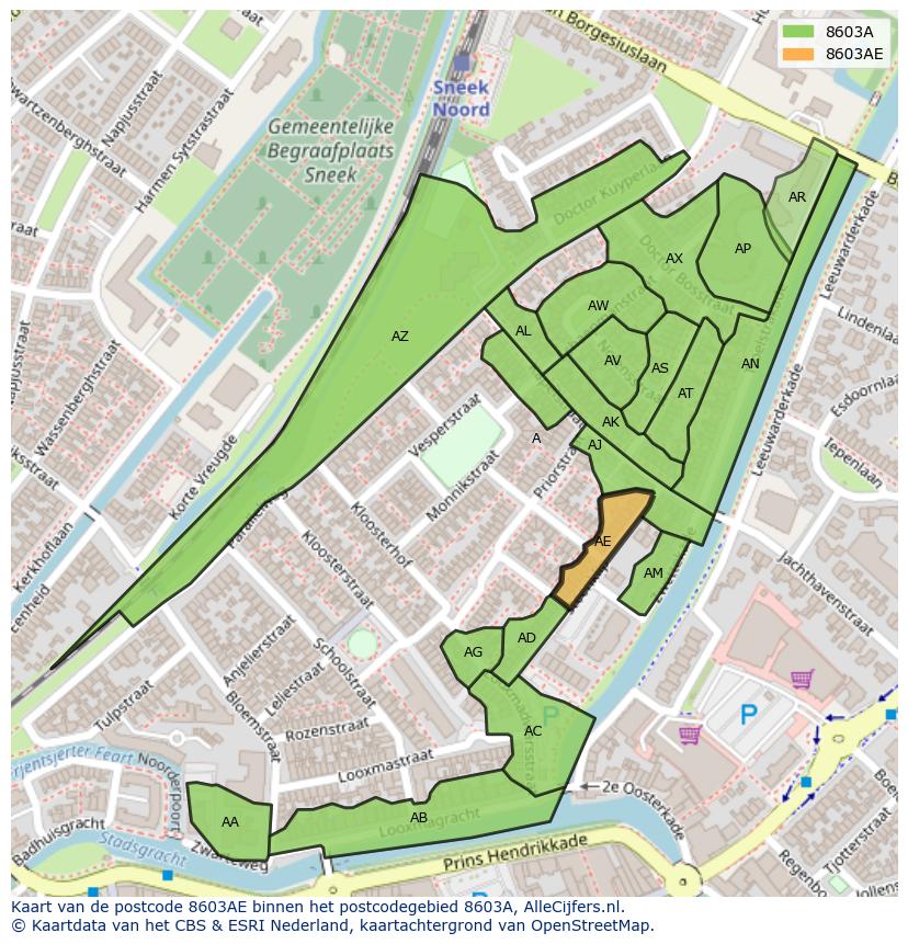 Afbeelding van het postcodegebied 8603 AE op de kaart.