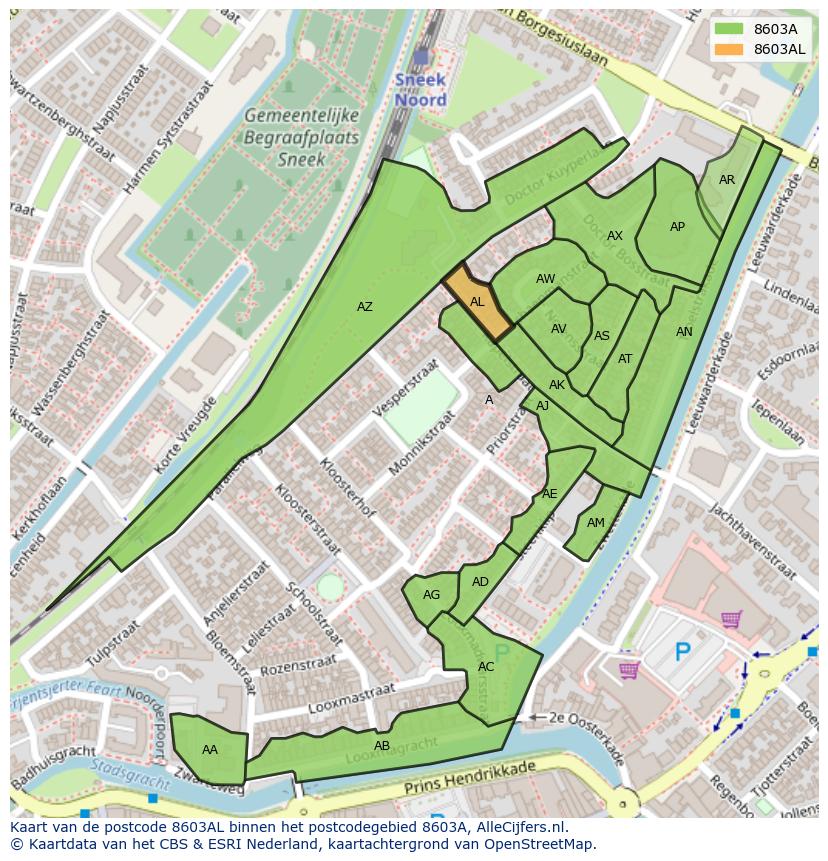 Afbeelding van het postcodegebied 8603 AL op de kaart.