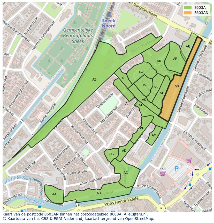 Afbeelding van het postcodegebied 8603 AN op de kaart.