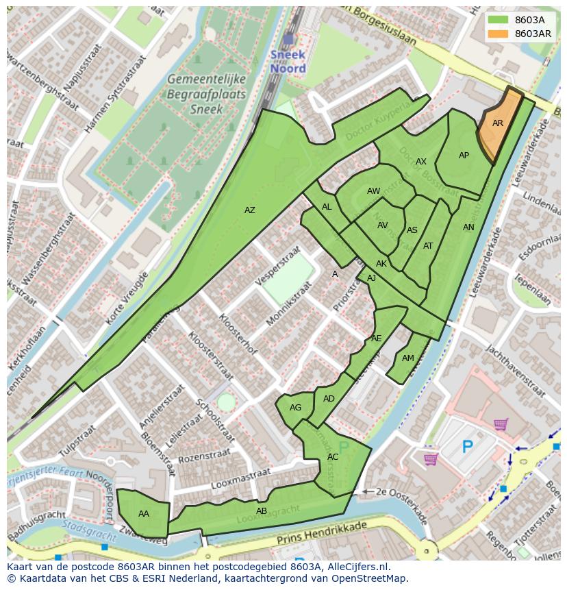 Afbeelding van het postcodegebied 8603 AR op de kaart.