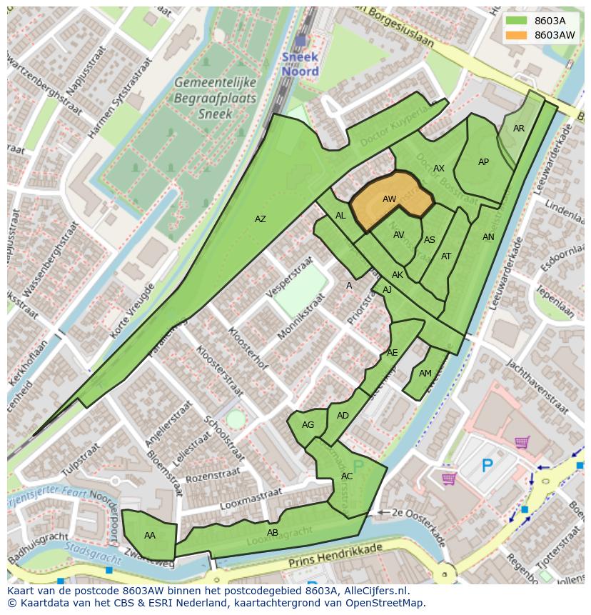 Afbeelding van het postcodegebied 8603 AW op de kaart.