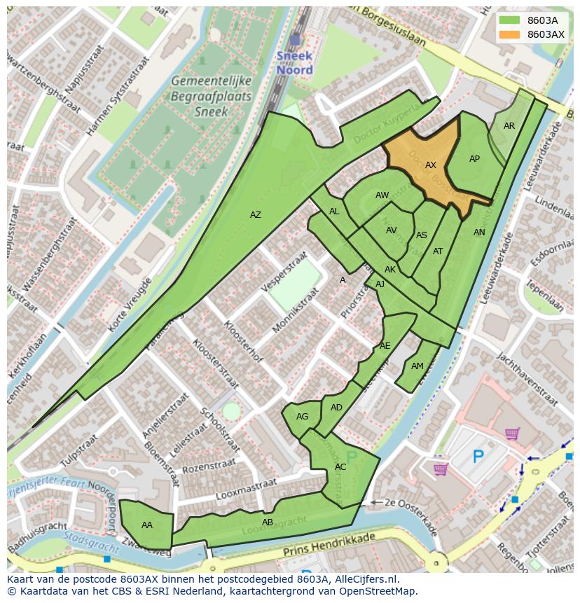 Afbeelding van het postcodegebied 8603 AX op de kaart.