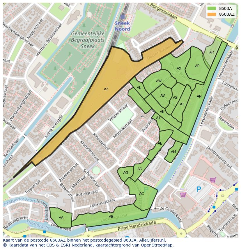 Afbeelding van het postcodegebied 8603 AZ op de kaart.