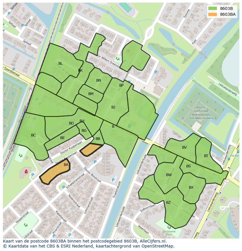 Afbeelding van het postcodegebied 8603 BA op de kaart.