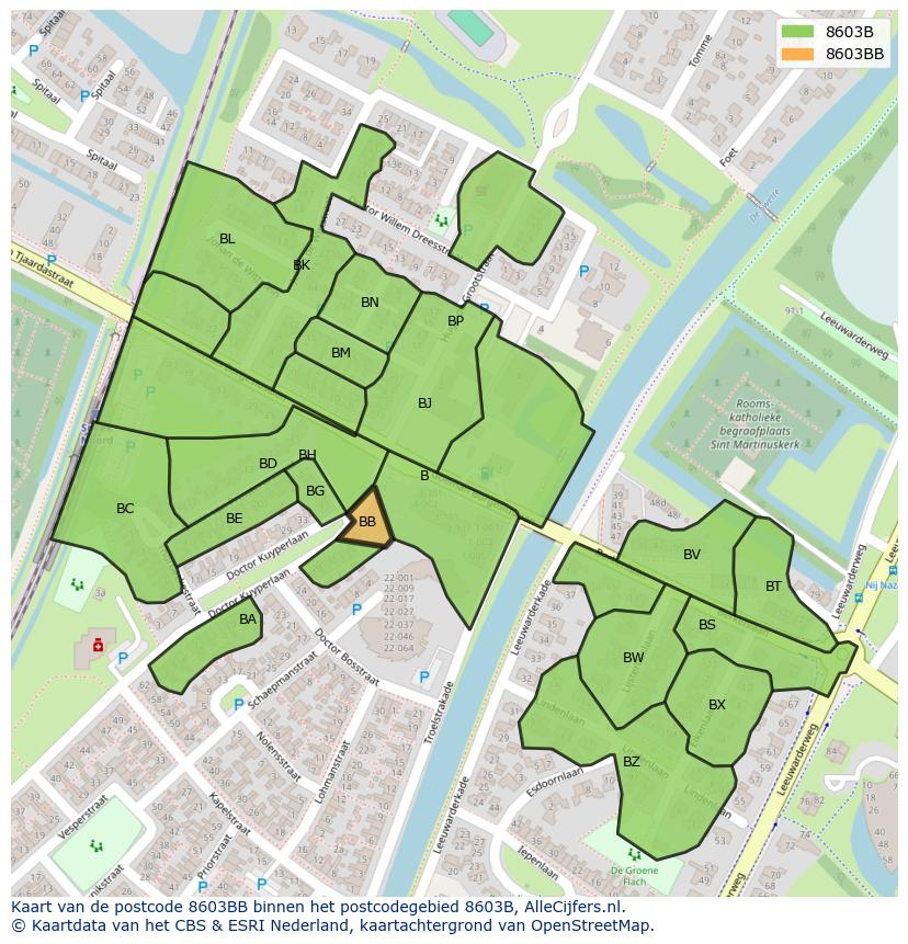 Afbeelding van het postcodegebied 8603 BB op de kaart.