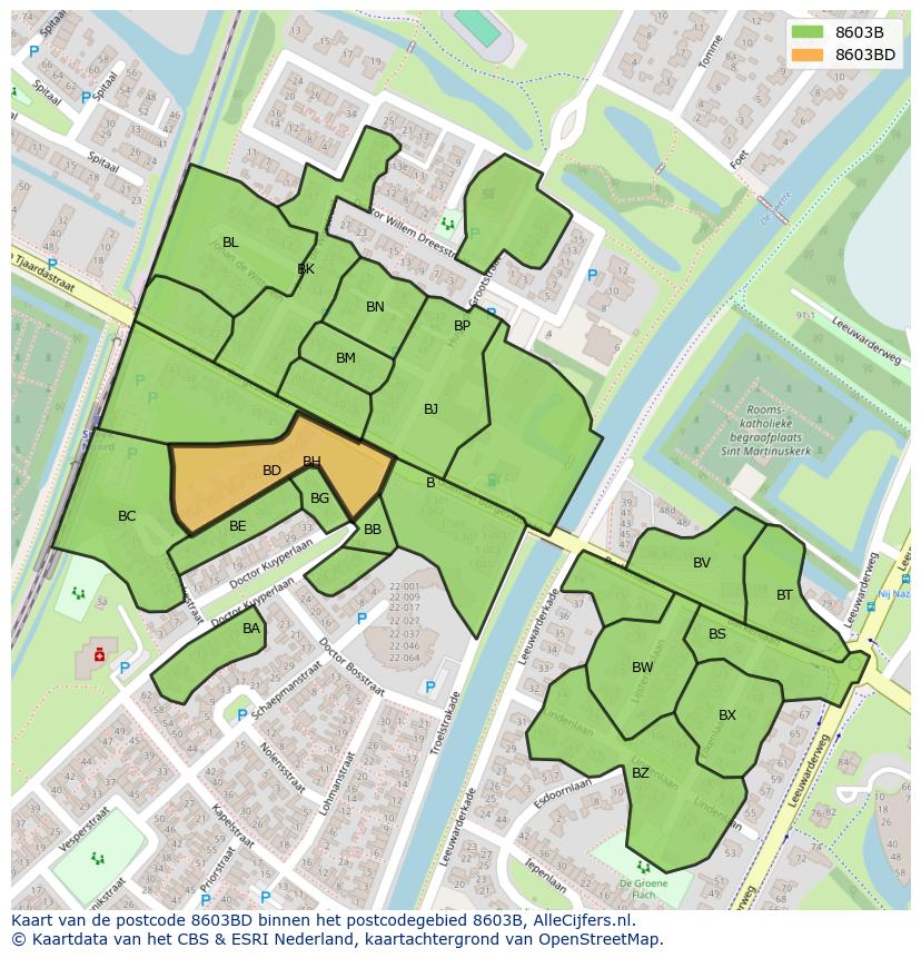 Afbeelding van het postcodegebied 8603 BD op de kaart.