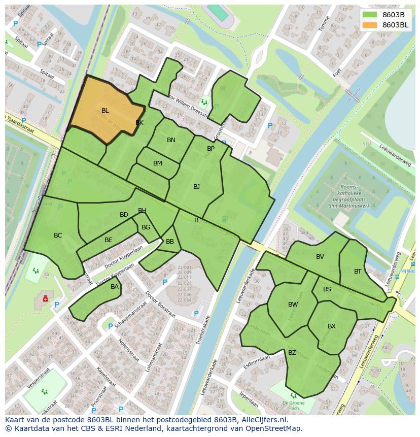 Afbeelding van het postcodegebied 8603 BL op de kaart.
