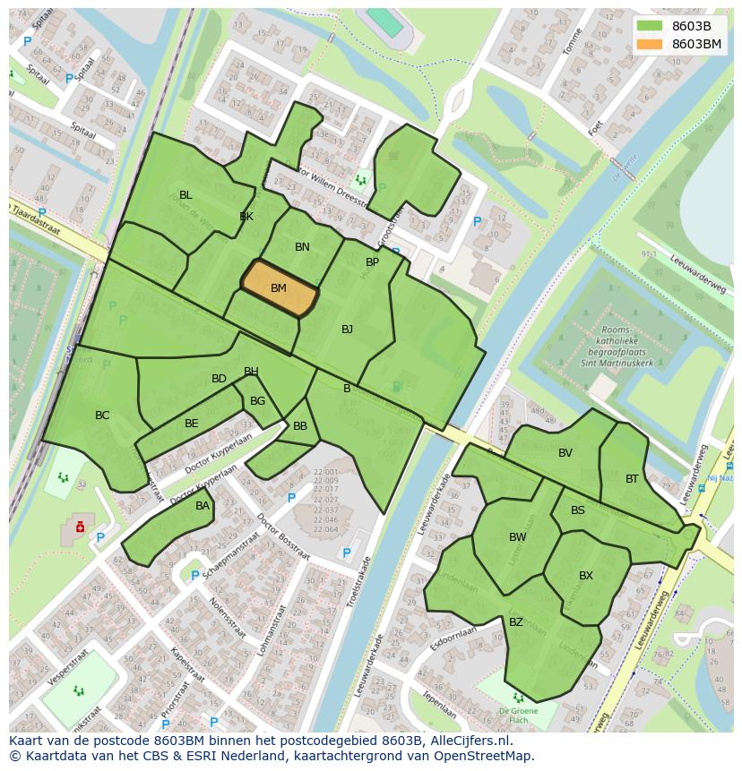 Afbeelding van het postcodegebied 8603 BM op de kaart.