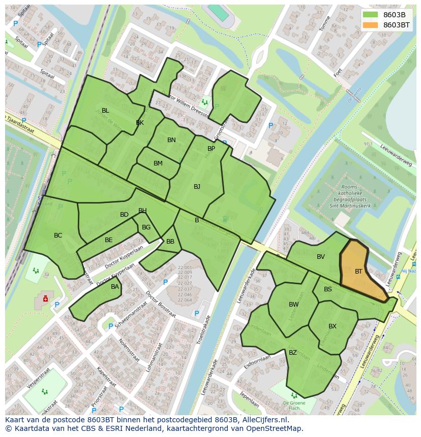 Afbeelding van het postcodegebied 8603 BT op de kaart.