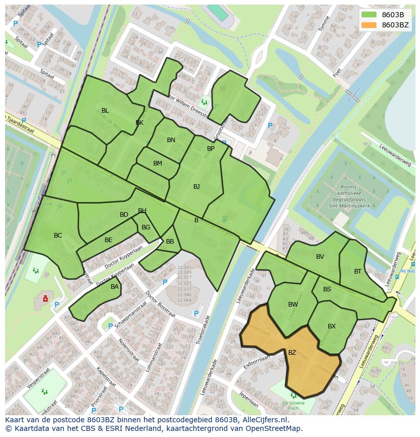 Afbeelding van het postcodegebied 8603 BZ op de kaart.