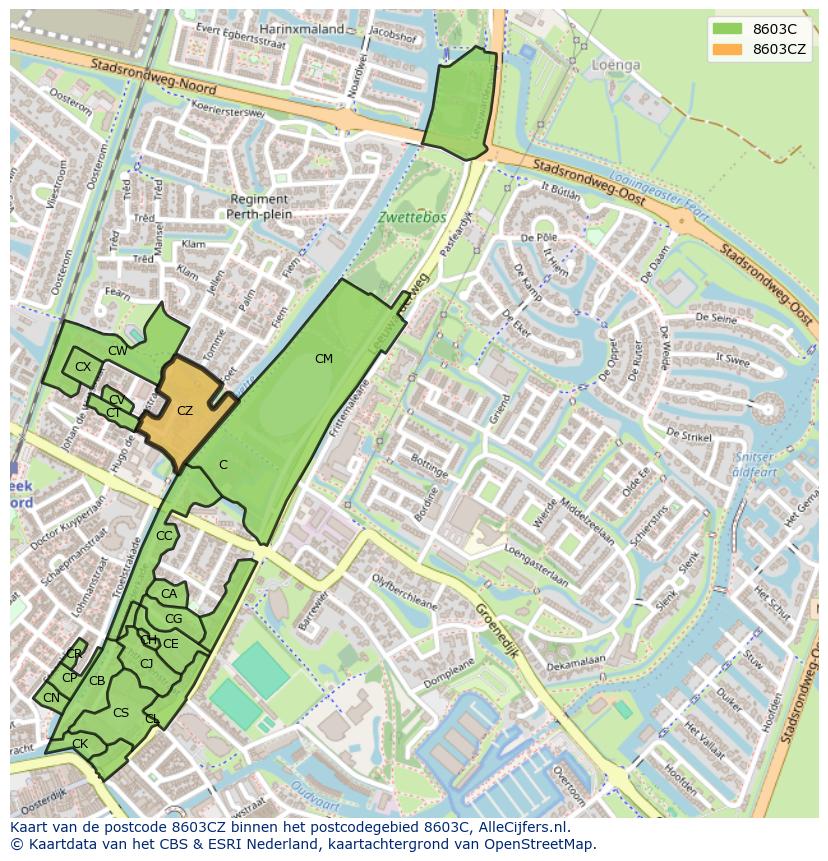 Afbeelding van het postcodegebied 8603 CZ op de kaart.