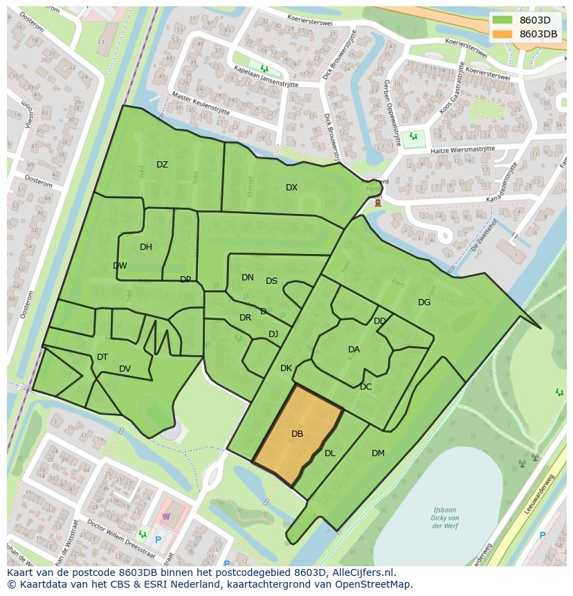 Afbeelding van het postcodegebied 8603 DB op de kaart.