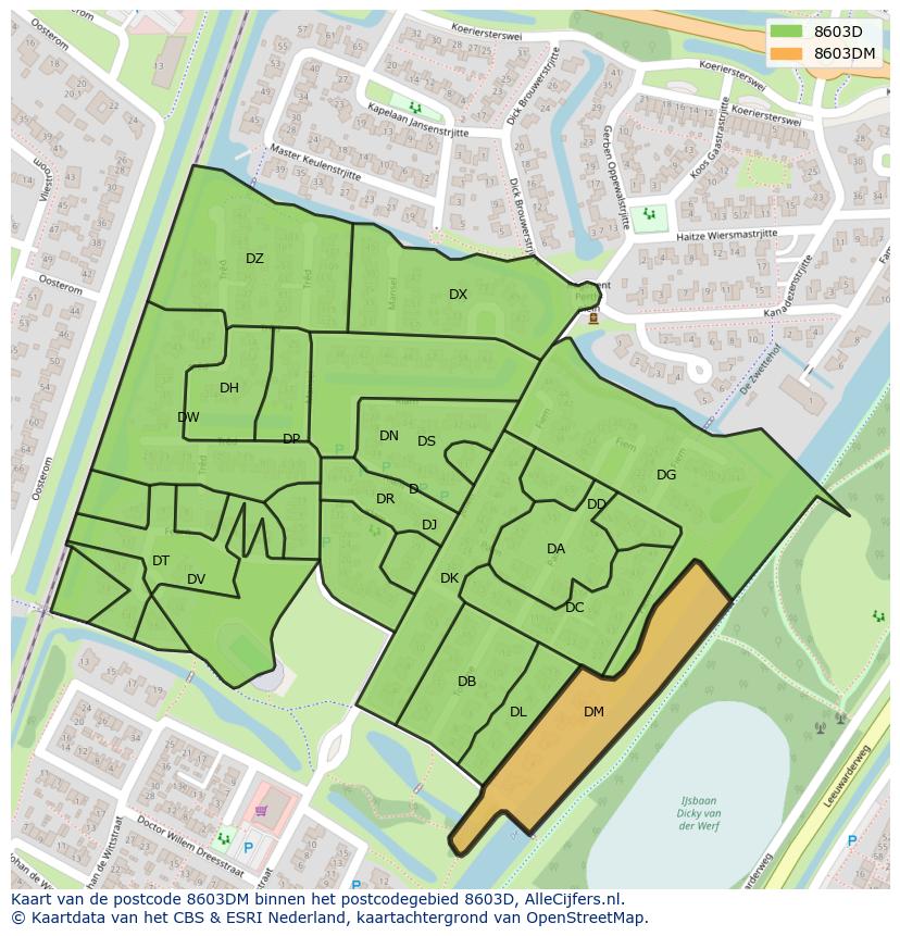 Afbeelding van het postcodegebied 8603 DM op de kaart.