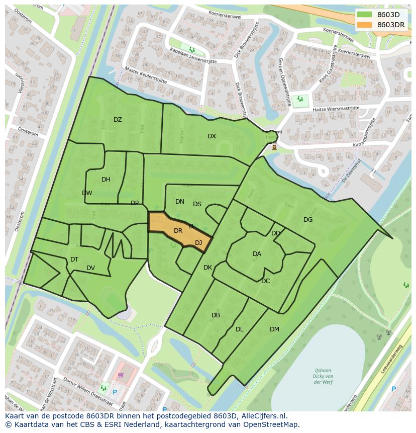Afbeelding van het postcodegebied 8603 DR op de kaart.