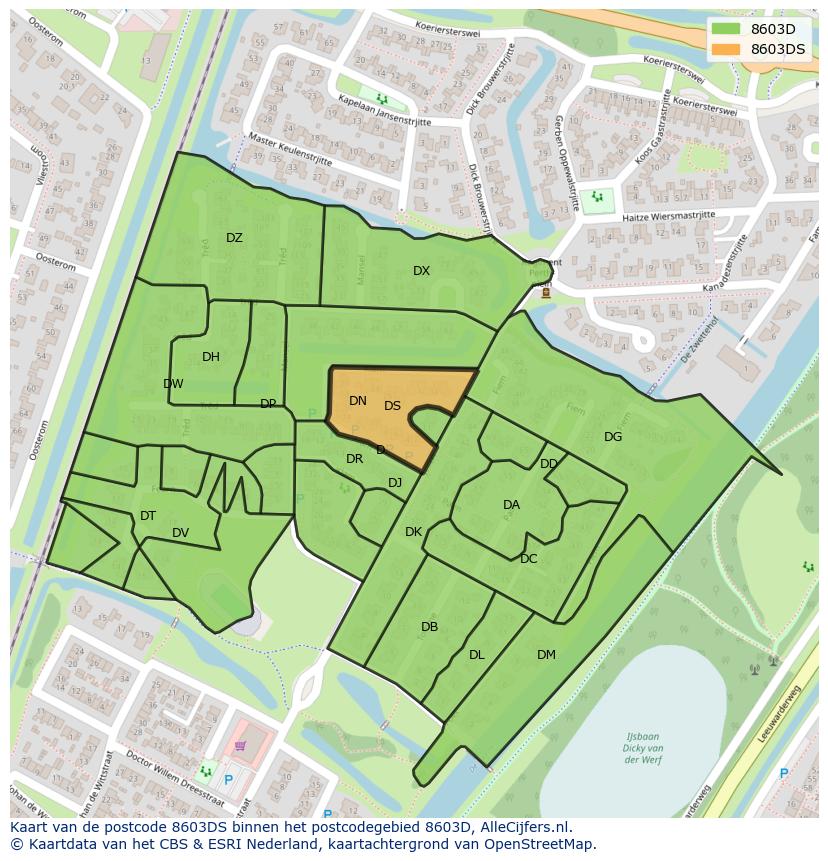 Afbeelding van het postcodegebied 8603 DS op de kaart.