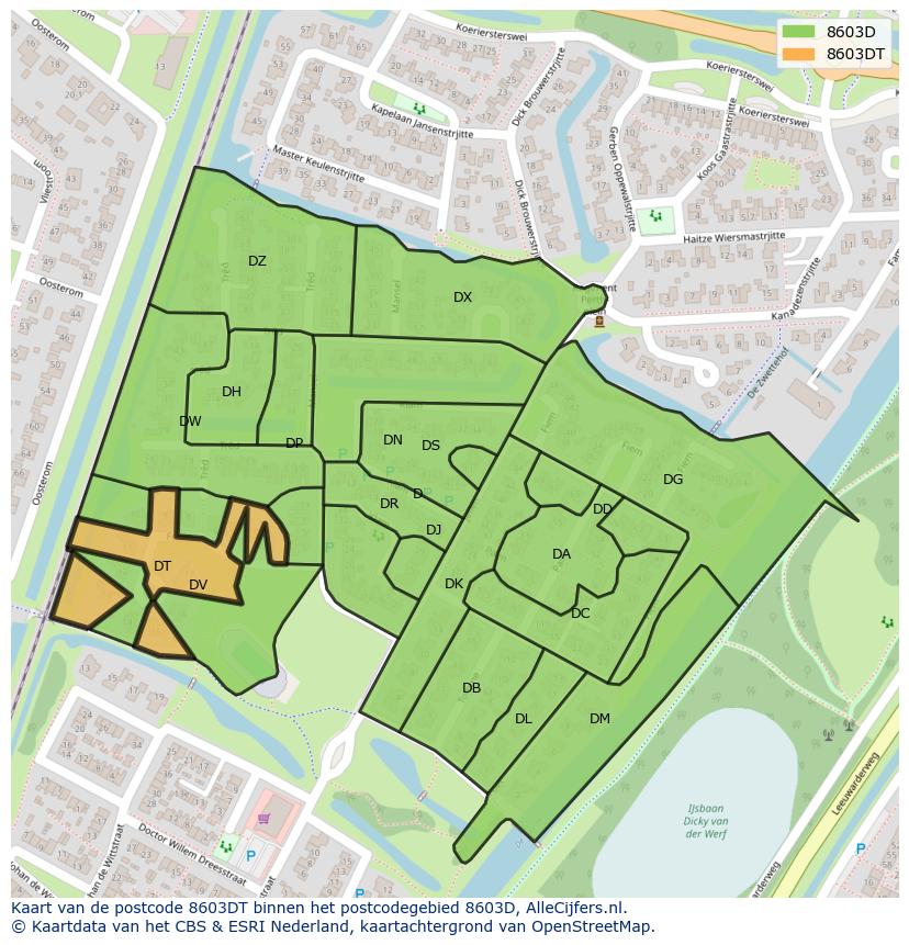 Afbeelding van het postcodegebied 8603 DT op de kaart.