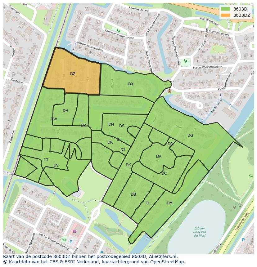 Afbeelding van het postcodegebied 8603 DZ op de kaart.