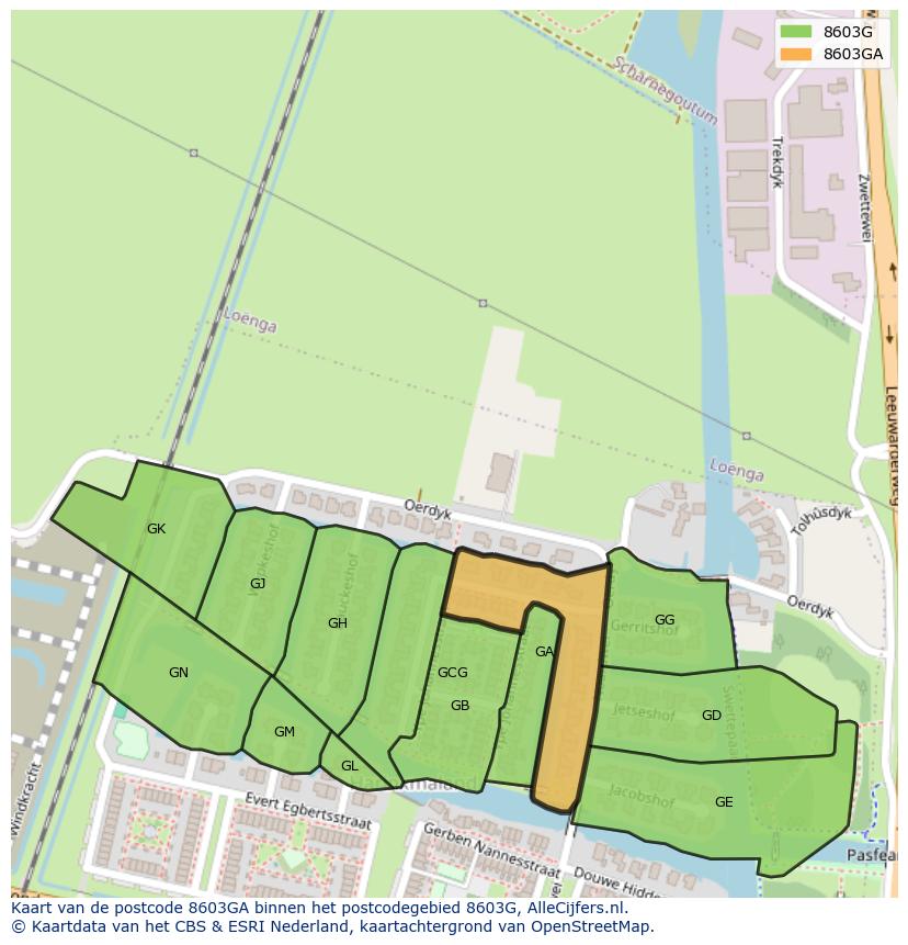 Afbeelding van het postcodegebied 8603 GA op de kaart.
