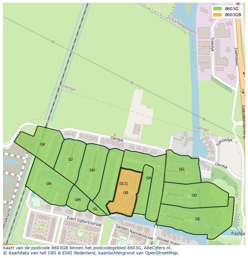 Afbeelding van het postcodegebied 8603 GB op de kaart.