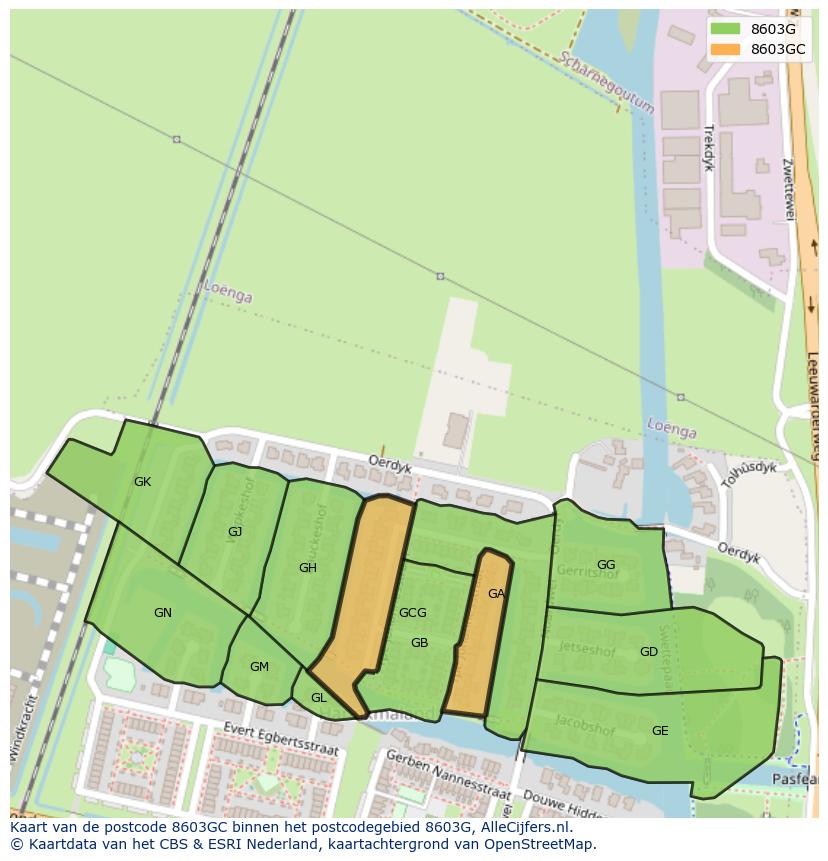 Afbeelding van het postcodegebied 8603 GC op de kaart.